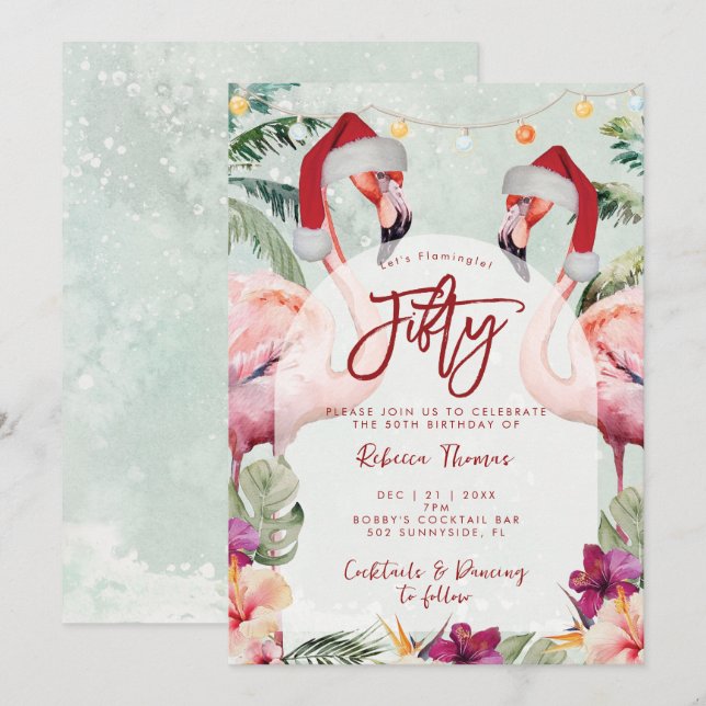 Tropical flamingo fifty birthday party invitation (Front/Back)