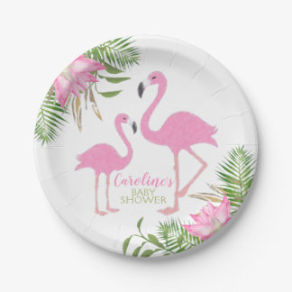 Tropical Flamingo Floral Baby Shower Paper Plate