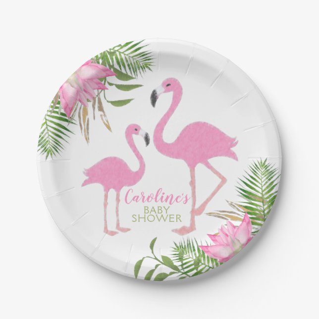 Tropical Flamingo Floral Baby Shower Paper Plate (Front)
