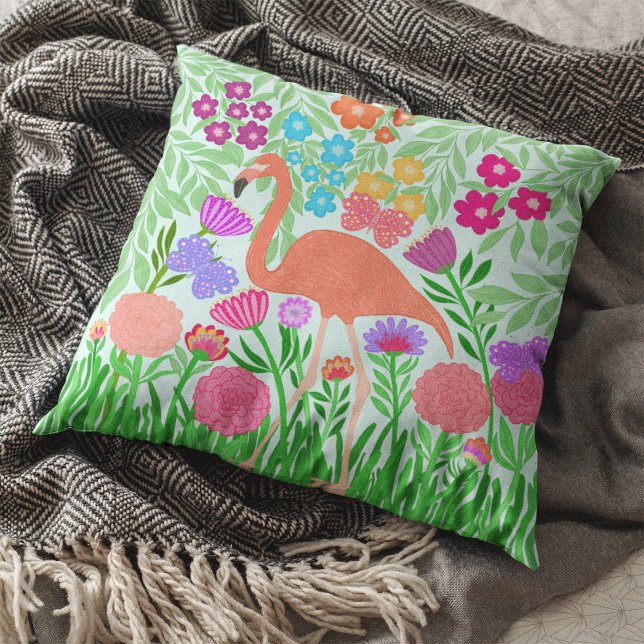 Tropical Flamingo Floral Butterfly Garden Art Cushion (Enchanting Flamingo Butterfly and Flower Design Throw Pillow)