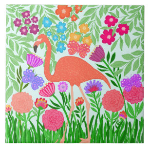 Tropical Flamingo Floral Butterfly Garden Art Tile