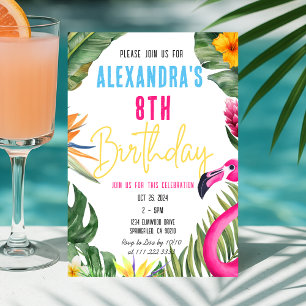Tropical Flamingo Floral Girl Luau Kids Birthday Invitation