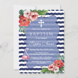 Tropical Flamingo Floral Luau Navy Blue Baptism Invitation