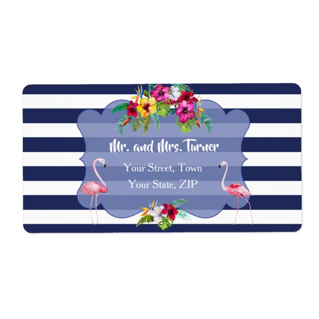 Tropical Flamingo Floral Luau Navy Stripes Wedding (Front)
