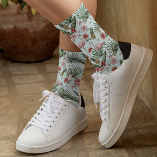 Tropical Flamingo Floral Pattern Turquoise Blue Socks