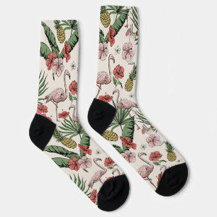 Tropical Flamingo Floral Pattern Turquoise Ivory Socks