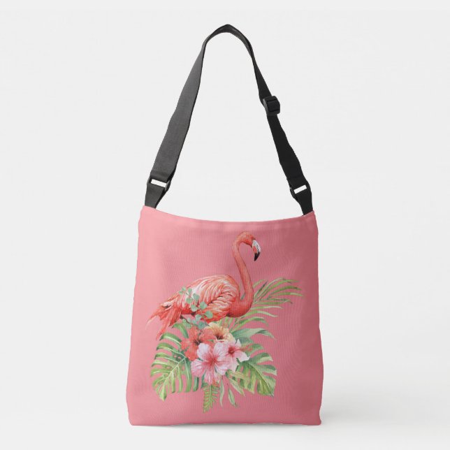 Tropical Flamingo Floral Pink Crossbody Bag (Front)