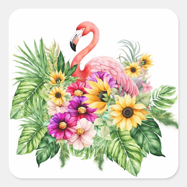 Tropical Flamingo Florals & Cheerful Sunflowers Square Sticker (Front)