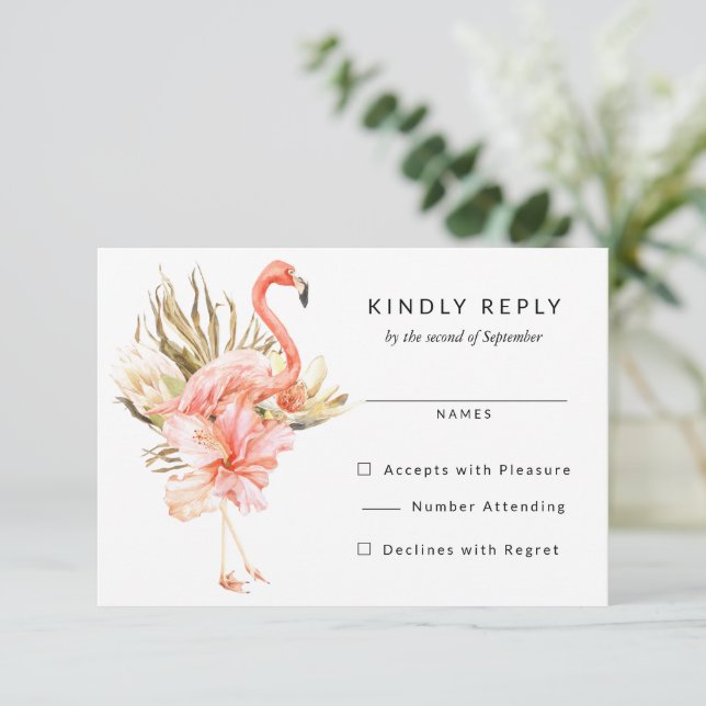 Tropical Flamingo Flowers Wedding RSVP Reply Card (Standing Front)