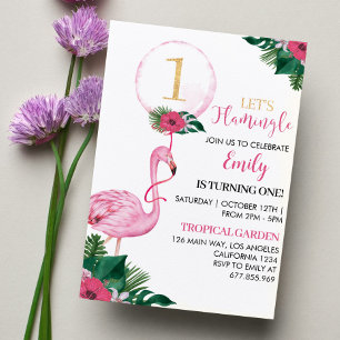 Tropical Flamingo Girl 1st Birthday Party Invitation