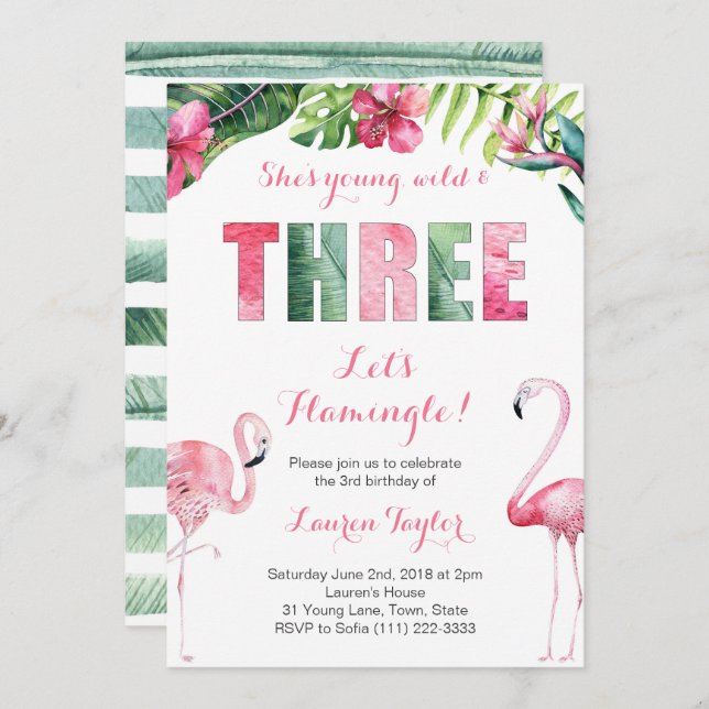 Tropical Flamingo Girl 3rd Birthday Party Invitation (Front/Back)