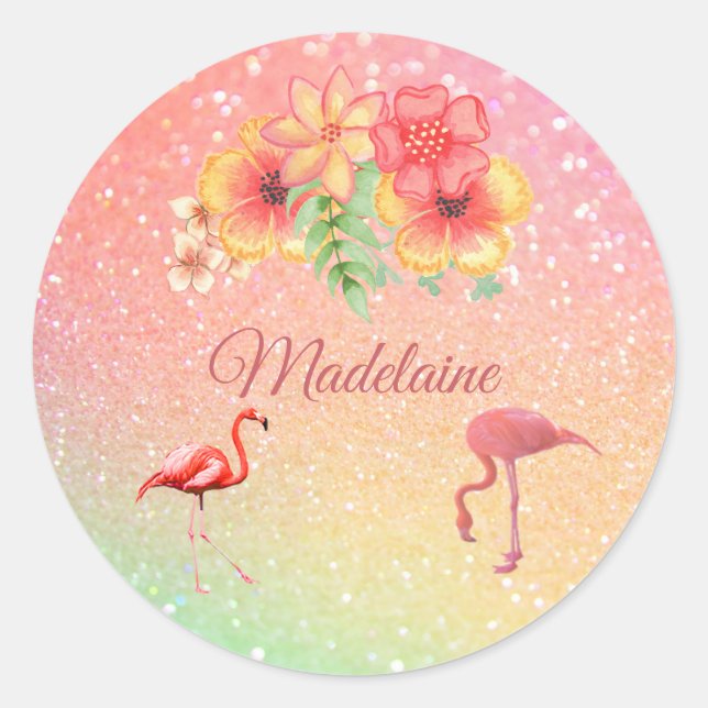 Tropical Flamingo Glitter Floral Personal Classic Round Sticker (Front)