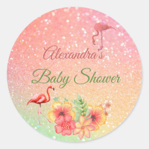 Tropical Flamingo  Glitter Pink Baby Shower Classic Round Sticker