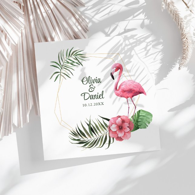Tropical Flamingo Golden Frame Wedding  Napkin (Tropical Flamingo Golden Frame Wedding Paper Dinner Napkins on a sunny white table.)