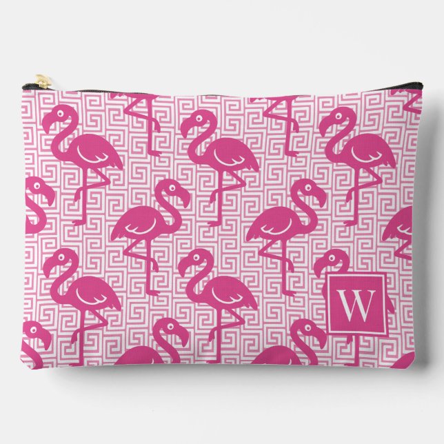 Tropical Flamingo - Greek Key Hot Pink Monogram Accessory Pouch (Front)