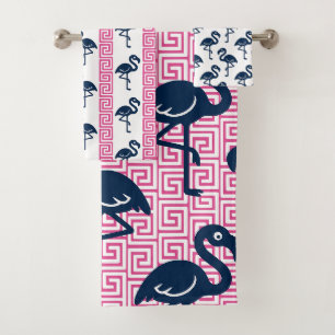 Tropical Flamingo - Greek Key Hot Pink & Navy Bath Towel Set