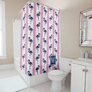 Tropical Flamingo - Greek Key Hot Pink & Navy Shower Curtain