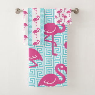 Tropical Flamingo - Greek Key Hot Pink & Turqouise Bath Towel Set