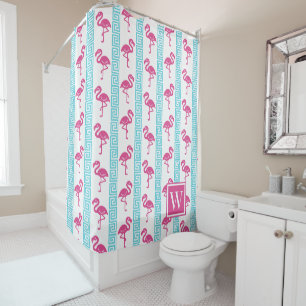 Tropical Flamingo - Greek Key Hot Pink & Turquoise Shower Curtain