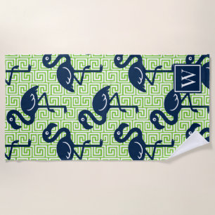 Tropical Flamingo Greek Key - Lime & Navy Monogram Beach Towel