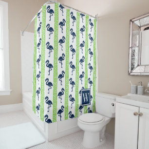 Tropical Flamingo - Greek Key Lime & Navy Shower Curtain