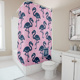 Tropical Flamingo - Greek Key Navy & Hot Pink Shower Curtain