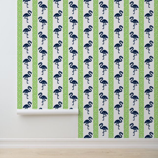 Tropical Flamingo - Greek Key Navy & Lime Wallpaper (Application)