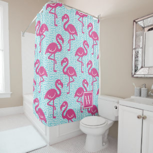 Tropical Flamingo - Greek Key Turquoise & Hot Pink Shower Curtain