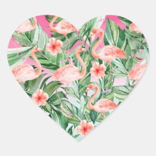 Tropical Flamingo Hibiscus Pink Mint Floral Heart Sticker