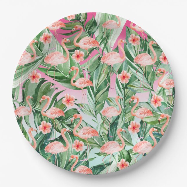 Tropical Flamingo Hibiscus Pink Mint Floral Paper Plate (Front)
