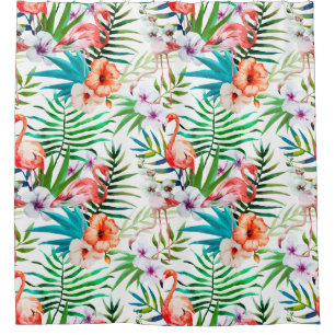 Tropical Flamingo Hibiscus Shower Curtain