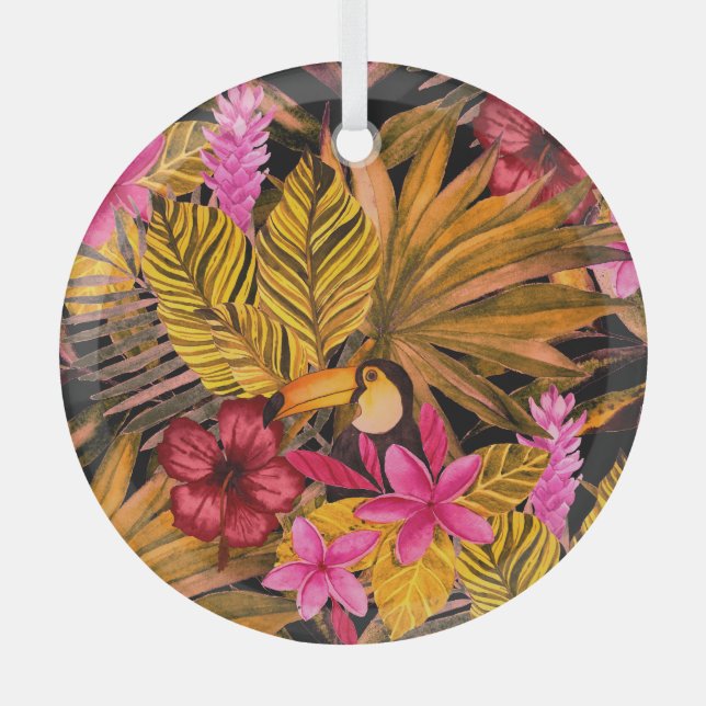 Tropical Flamingo: Hibiscus Summer Pattern Glass Tree Decoration (Front)