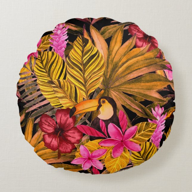 Tropical Flamingo: Hibiscus Summer Pattern Round Cushion (Front)