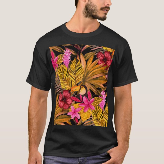 Tropical Flamingo: Hibiscus Summer Pattern T-Shirt (Front)