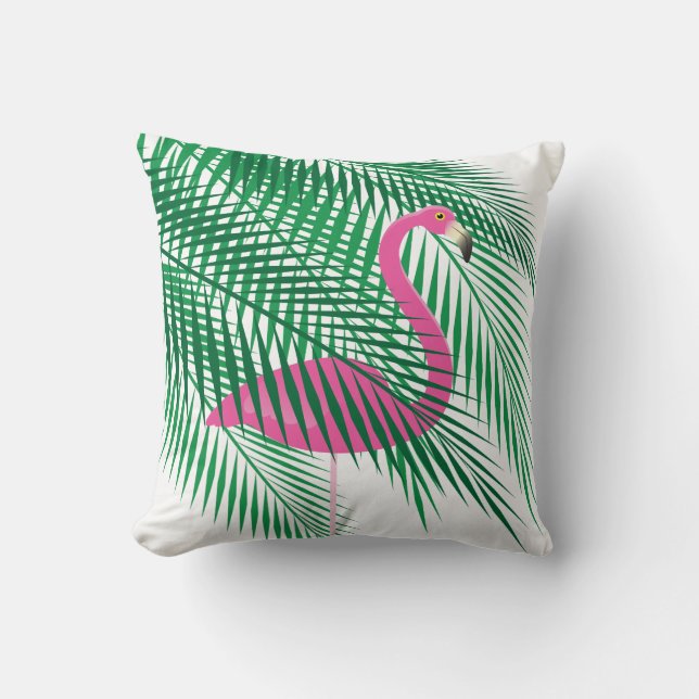 Tropical Flamingo hidden in Palm Leaves on White Cushion (Front)