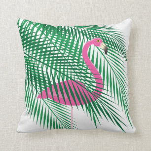 Tropical Flamingo hidden in Palm Leaves on White Cushion
