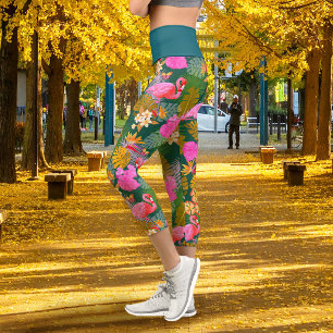 Tropical Flamingo Hunter Green Capri Leggings