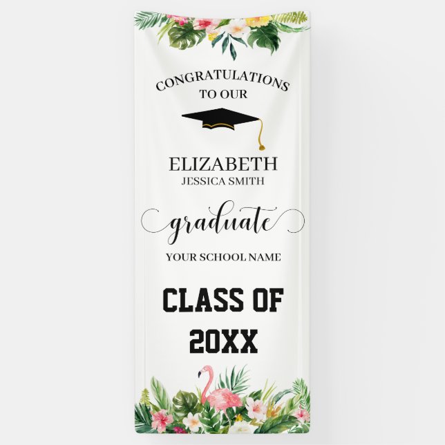 Tropical Flamingo & Leaves Graduation Door Banner (Vertical)