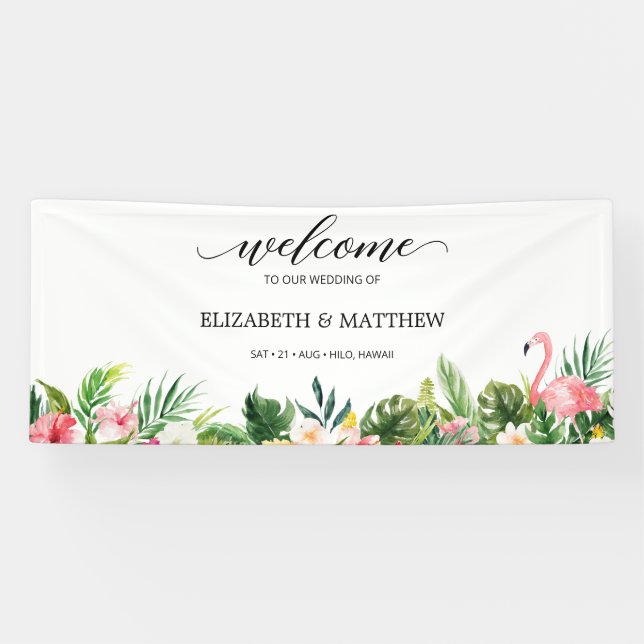 Tropical Flamingo Leaves Script Wedding Welcome Banner (Horizontal)