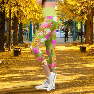 Tropical Flamingo Lime Green Capri Leggings