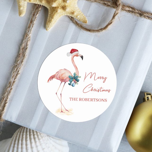 Tropical Flamingo Merry Christmas Classic Round Sticker (Creator Uploaded)