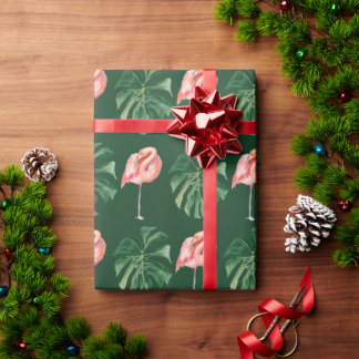 Tropical Flamingo & Monstera Leaf  Greenery Gift Wrapping Paper