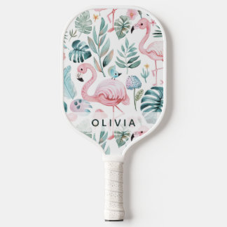 Tropical Flamingo Monstera Pattern Custom Name  Pickleball Paddle