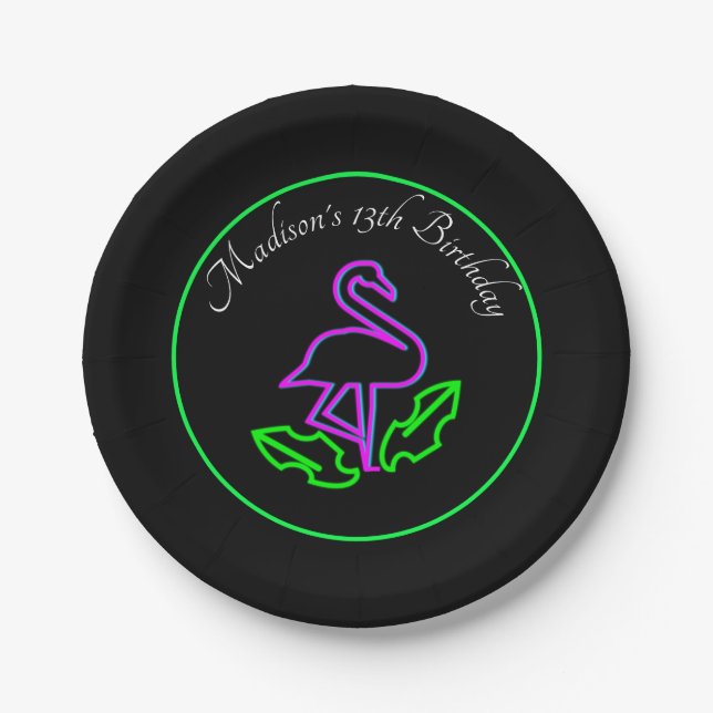 Tropical Flamingo Neon Party Glow Party Teen Paper Plate (Front)