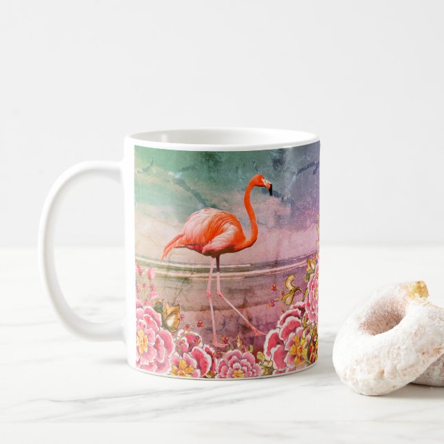 Tropical Flamingo on Beach & Oriental Pink Flowers Coffee Mug (With Donut)
