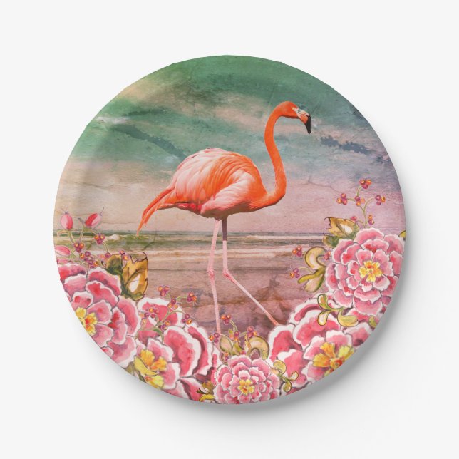 Tropical Flamingo on Beach & Oriental Pink Flowers Paper Plate (Front)