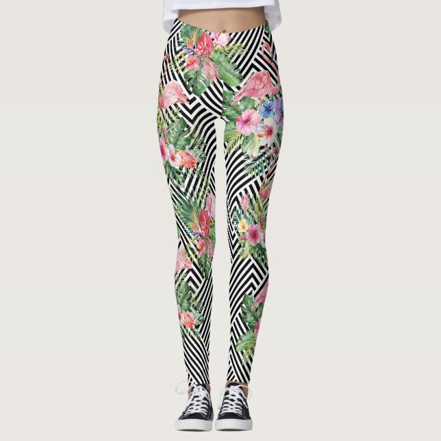 Tropical flamingo on geometric pattern leggings (Front)