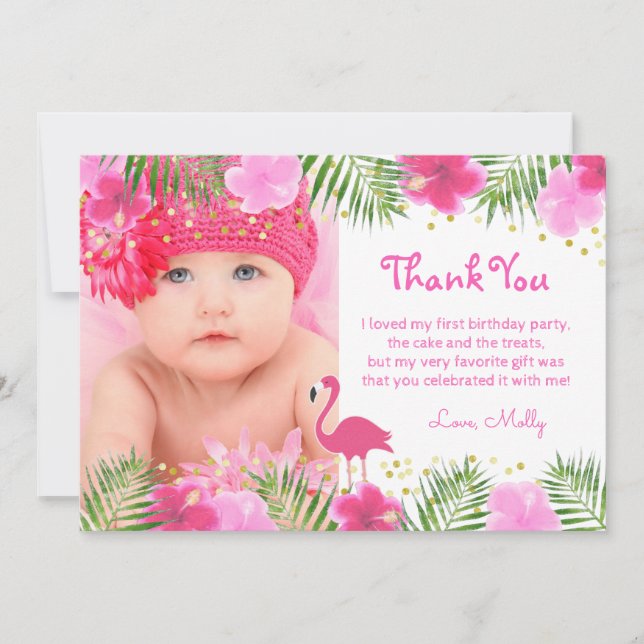Tropical Flamingo Palm Branches Luau Birthday Girl Thank You Card (Front)