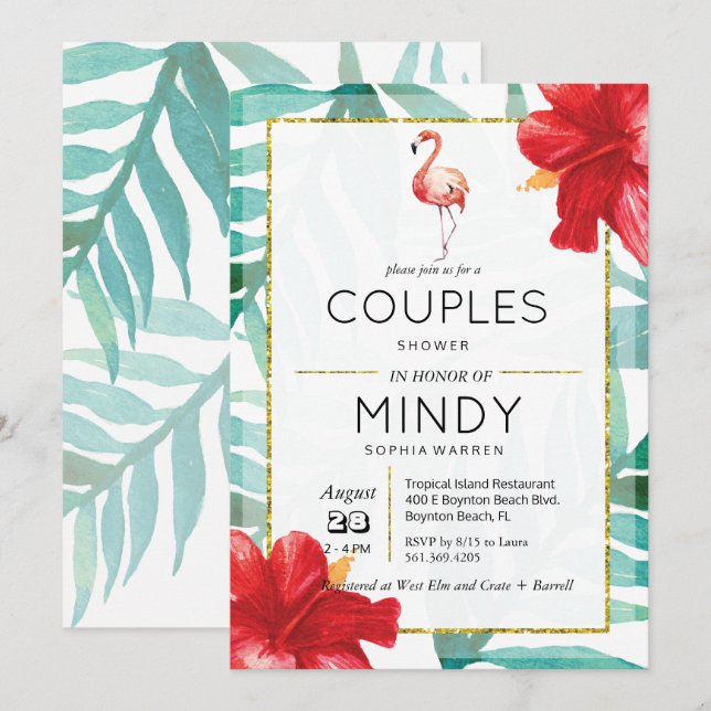 Tropical Flamingo Palm Couples Shower Invitation (Front/Back)