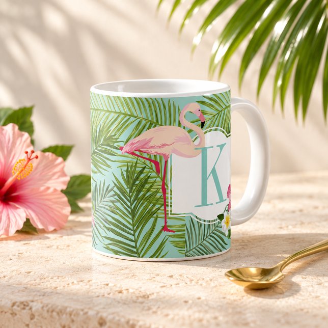 Tropical Flamingo Palm Leaf Monogram Coffee Mug (Creator Uploaded)